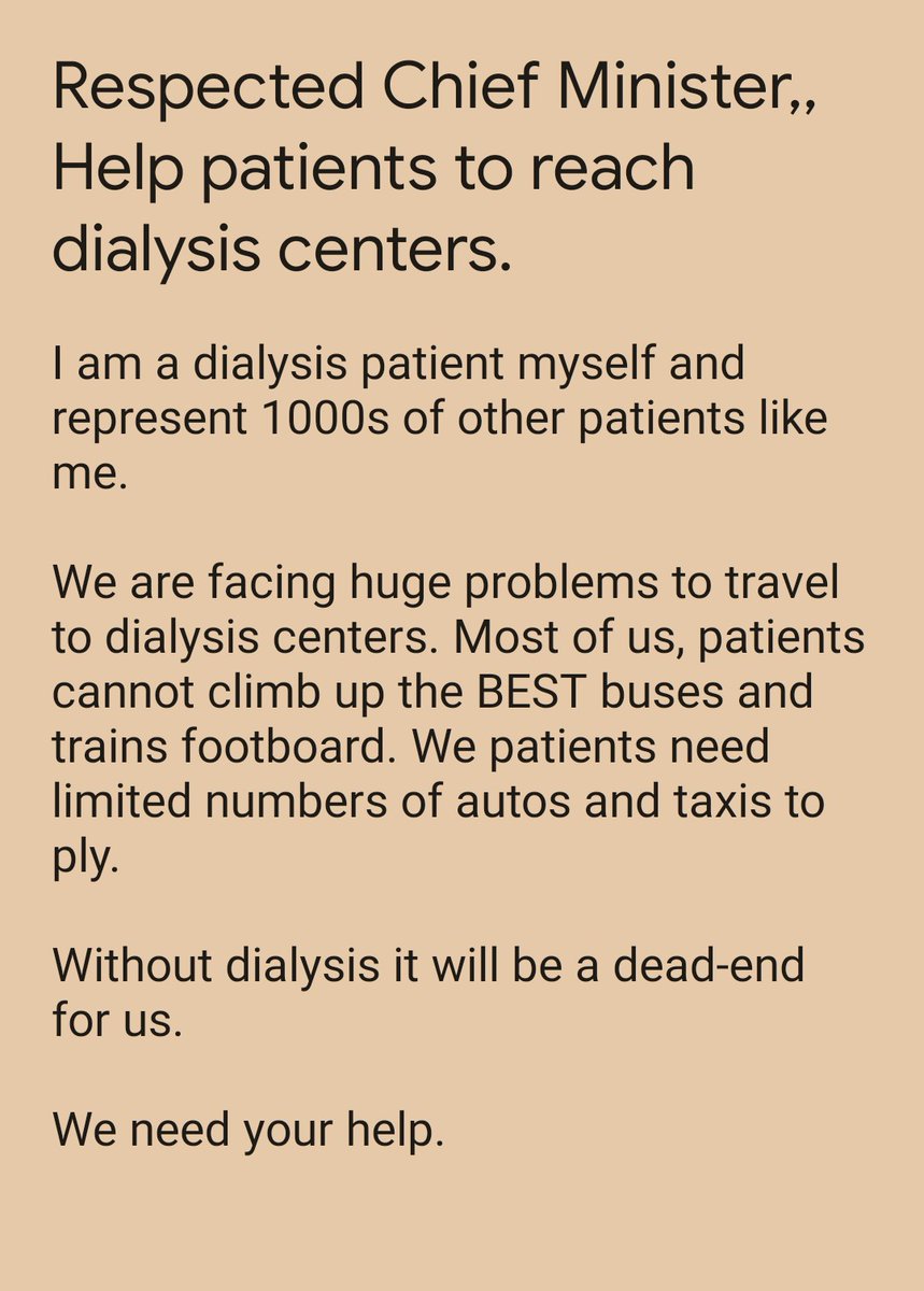 sejaljobanputra's tweet photo. @CMOMaharashtra @rdkriplani Respected sir, please allow limited autos and taxis to ply for patients who need to reach hospitals. Dialysis patients need to go out 3 times a week. https://t.co/O2EvX6e9CV