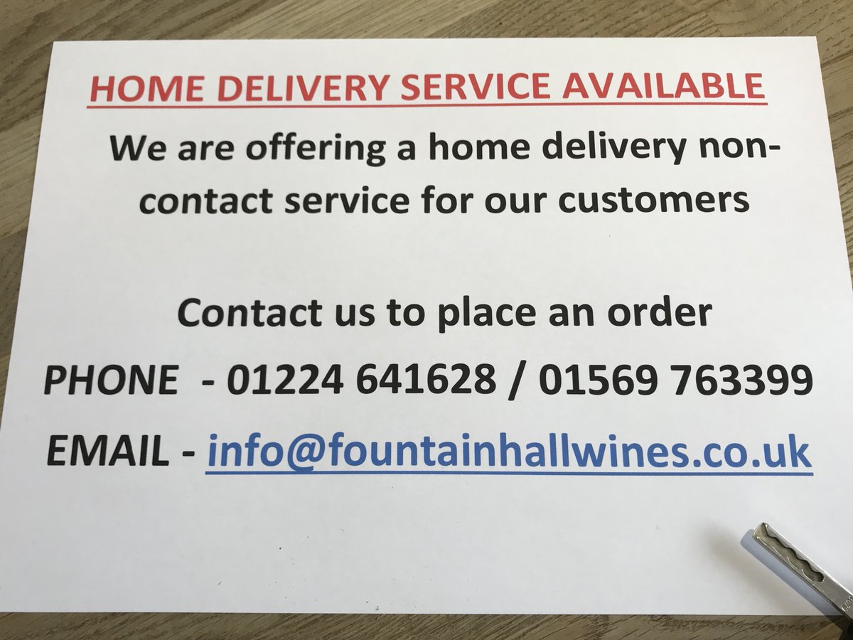 Fountainhall Wines (@fhwines) on Twitter photo Both our shops are now closed to ensure the safety of our staff and customers. We are offering a home non-contact delivery service for our customers. Call us on 01224 641628 / 01569 763399 or email info@fountainhallwines.co.uk to arrange a doorstep delivery #staysafe Both our shops are now closed to ensure the safety of our staff and customers. We are offering a home non-contact delivery service for our customers. Call us on 01224 641628 / 01569 763399 or email info@fountainhallwines.co.uk to arrange a doorstep delivery #staysafe