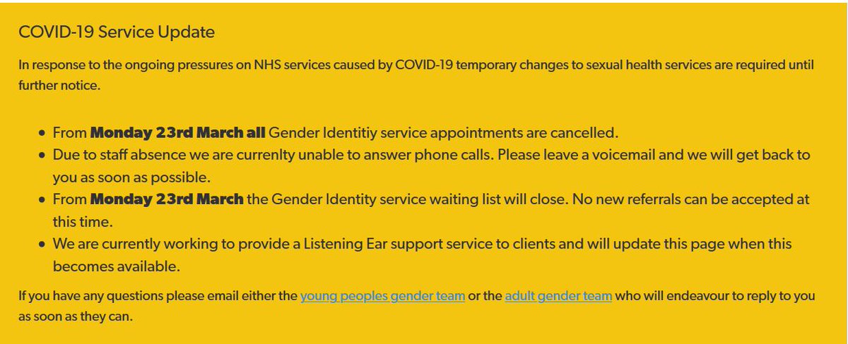 (1) Gender Identity Clinics, the NHS pathway for trans people.Some GICs are cancelling all appointments, some moving some to phone. Many waitlists are frozen. Sandyford, Scotland's main provider, announced a total suspension of support for trans folk. https://www.sandyford.scot/sexual-health-services/gender-identity-service/