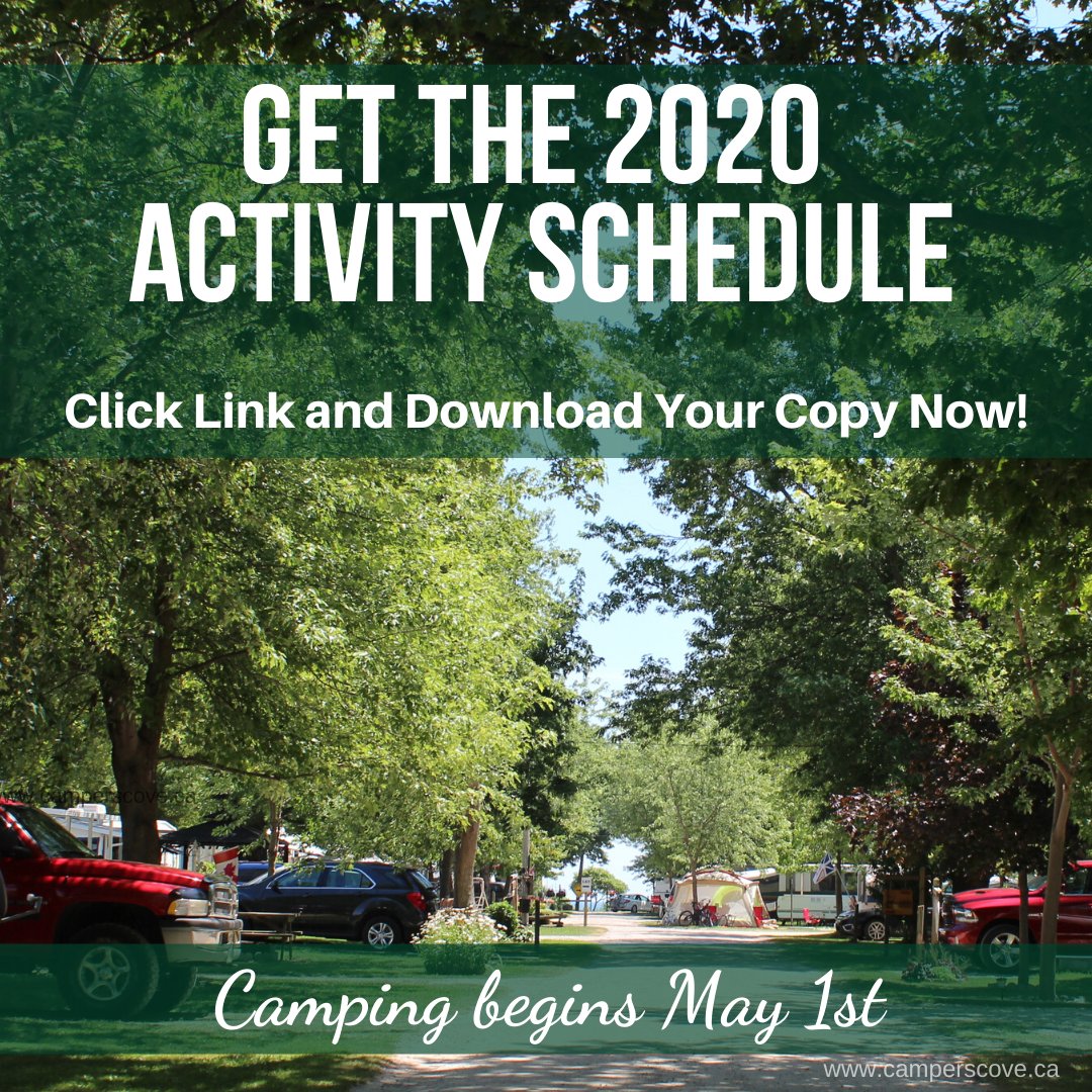 CampersCoveWH's tweet photo. Download the 2020 Season Activity Schedule! Opening Day May 1st! https://t.co/TsDs3vOOiC #campig #ckont #YQG https://t.co/XOiSQBOxfK