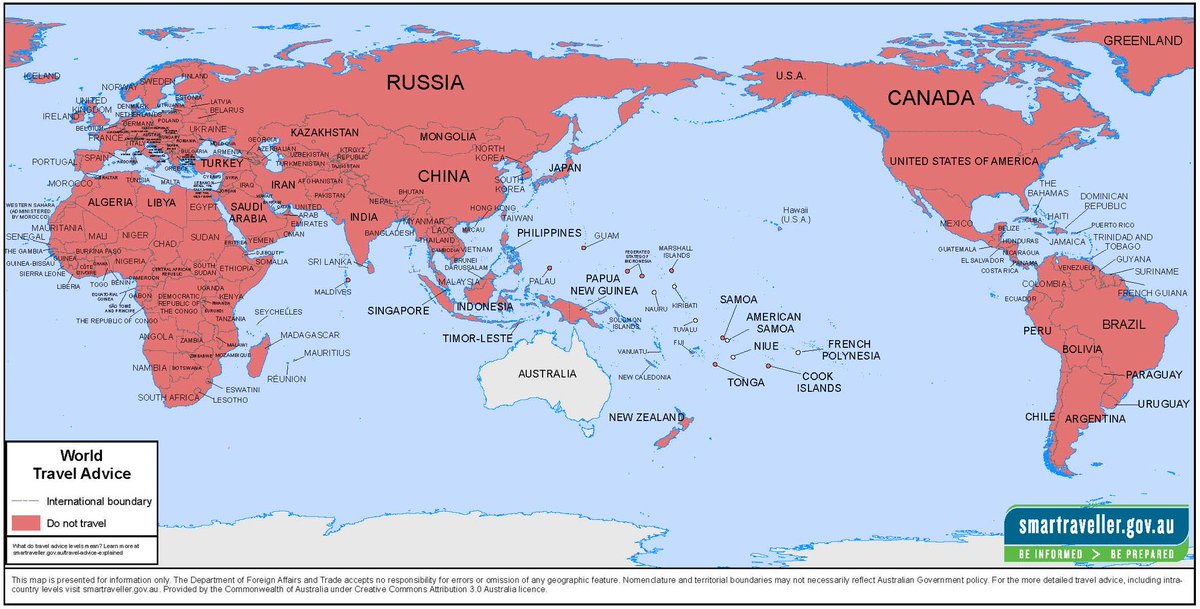 The current travel advice map for Australians. Depending on which state you live in you can colour in all other states red too.