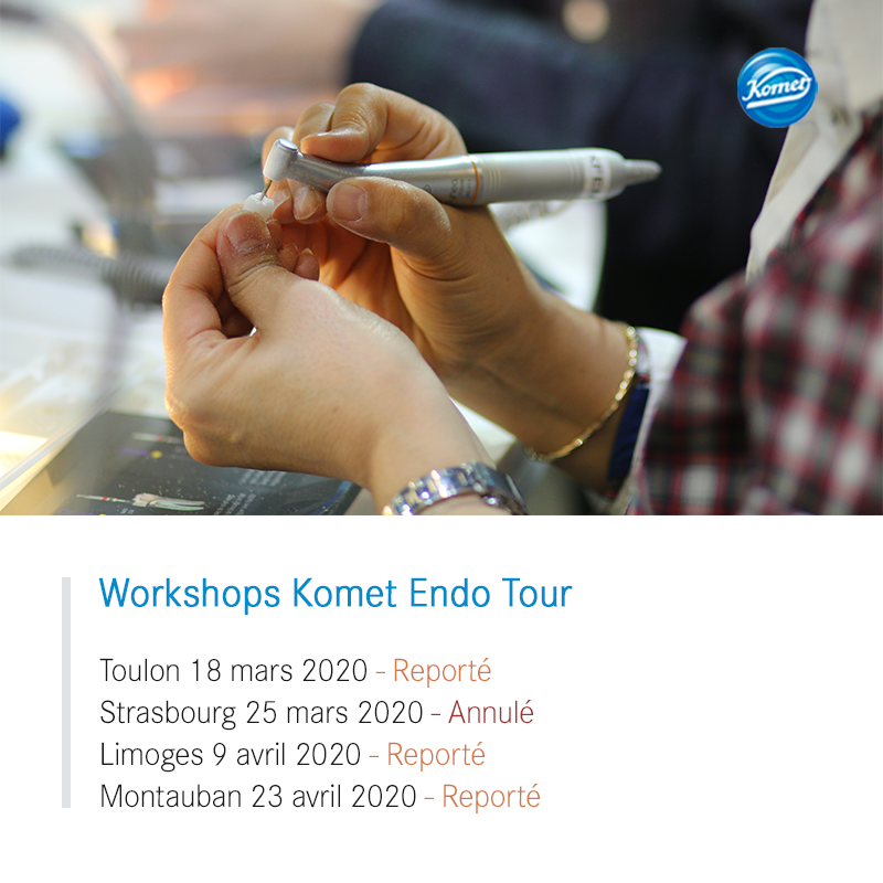 Compte tenu du contexte actuel, les workshops du Komet Endo Tour sont bien évidemment annulées. Les sessions de Toulon, Limoges et Montauban seront reportées : nous vous informerons dès que possible des prochaines dates. Pour toute question, contactez-nous à endodontie@komet.fr