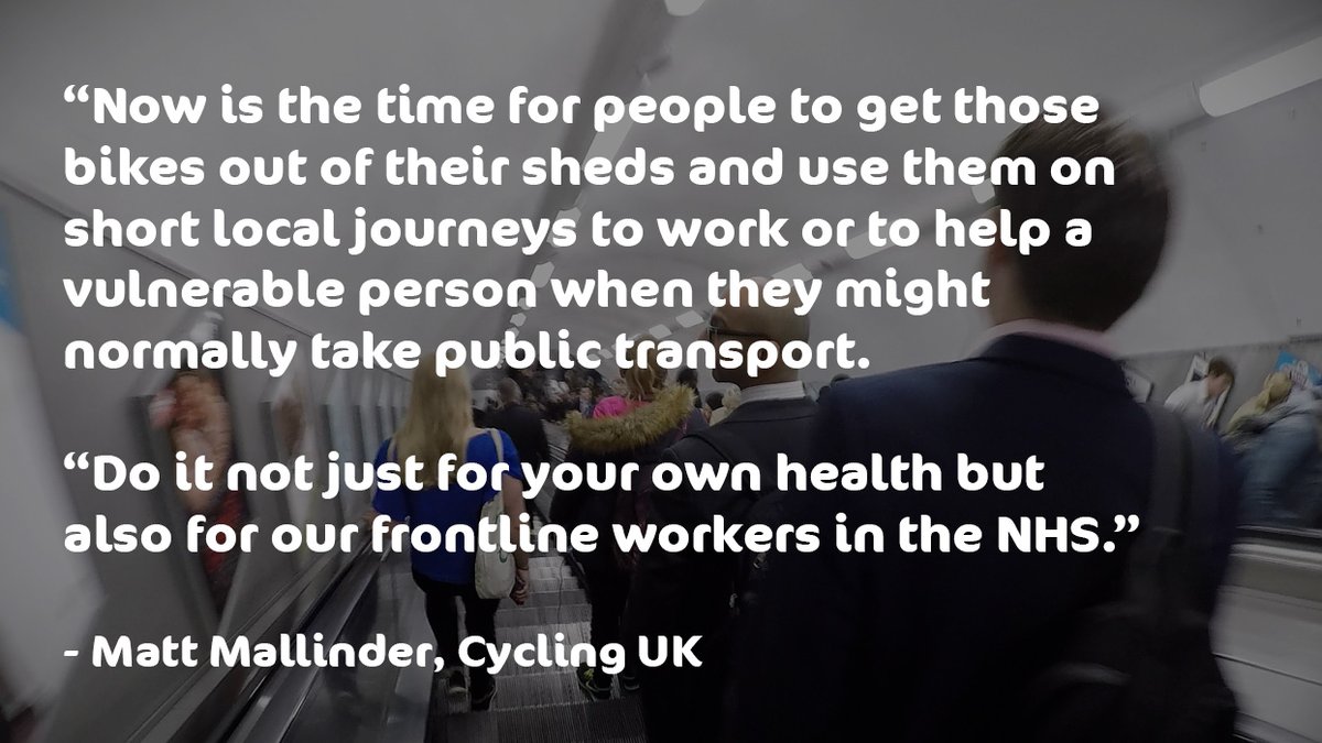 Take your bicycle for essential local journeys rather than using public transport. Let's reduce demand on buses, trains and tubes so that they are safer for critical workers, like our incredible frontline staff in the <a href="/NHSuk/">NHS</a>. 👨‍⚕️🏥🚉

Read more: bit.ly/3dvZDIH