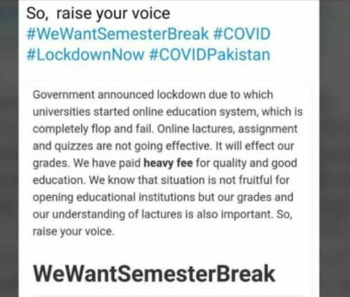 ms_haider_'s tweet photo. #WeWantSemesterBreak
#COVID19Pakistan 
#HECPakistan https://t.co/YZ8a9o6BFi