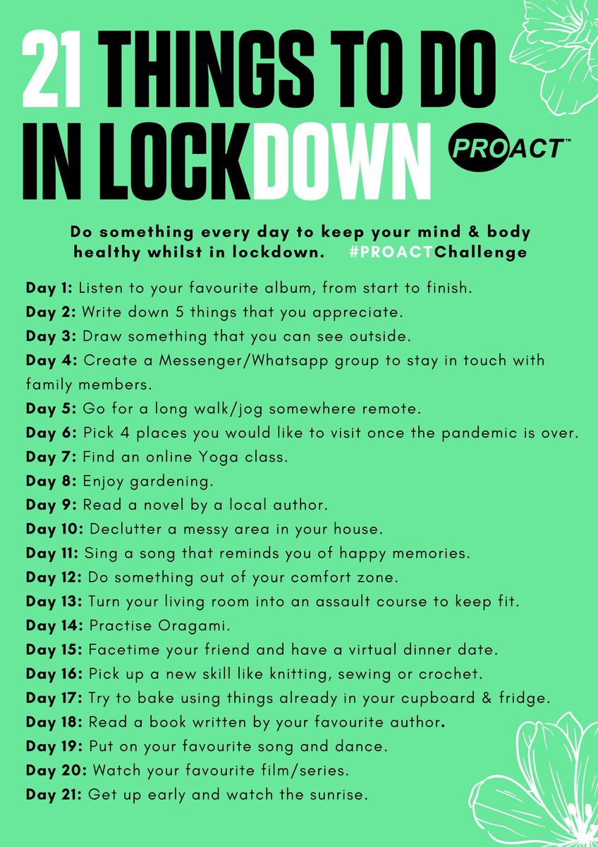 It's important to keep your mind and body active whilst being in #lockdown! ☺️

Here are 21 ideas to help you through. 🌷

#PROACTChallenge