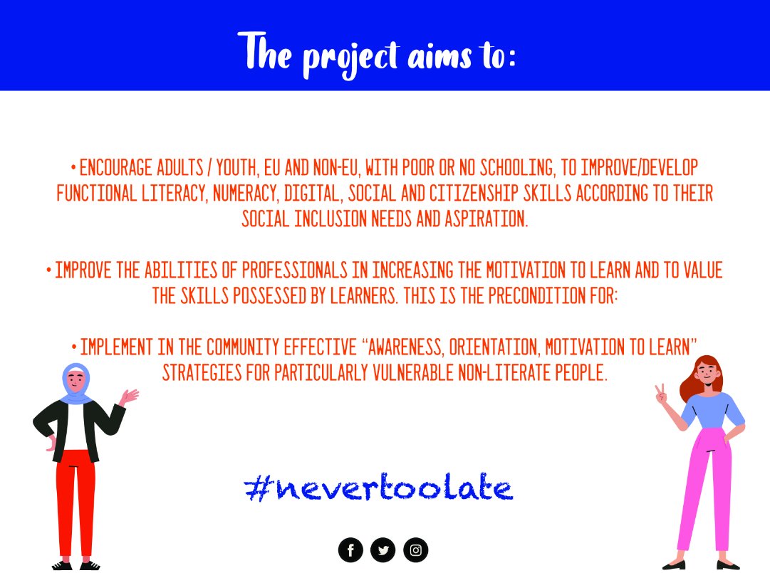 The project aims to: 👇
#nevertoolate #nevertoolateeuproject #erasmusplus