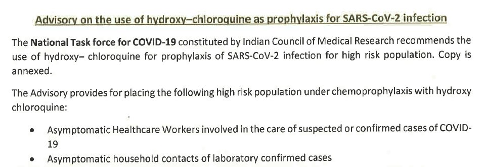 Can anyone confirm that Indian National Task Force on COVID19 has prescribed HCQ for prophylaxis? https://www.google.com/url?sa=t&rct=j&q=&esrc=s&source=web&cd=2&cad=rja&uact=8&ved=2ahUKEwio7MbDgrPoAhUoAGMBHTsiDp8QFjABegQIBxAB&url=https%3A%2F%2Fwww.mohfw.gov.in%2Fpdf%2FAdvisoryontheuseofHydroxychloroquinasprophylaxisforSARSCoV2infection.pdf&usg=AOvVaw1NycGa-VncI3XaSBED_nyD