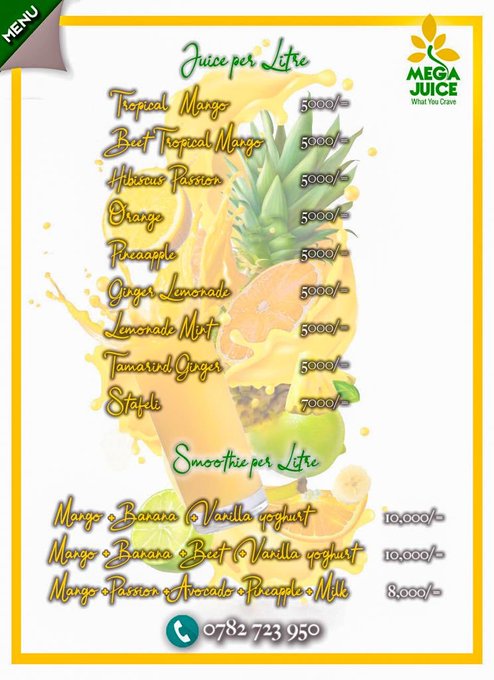 Mega Juice watakuletea Juice sehemu yoyote ndani ya Dar wasiliana nao sasa 
No:0782 723950
#TOTBonanza twende na wajasiriamali