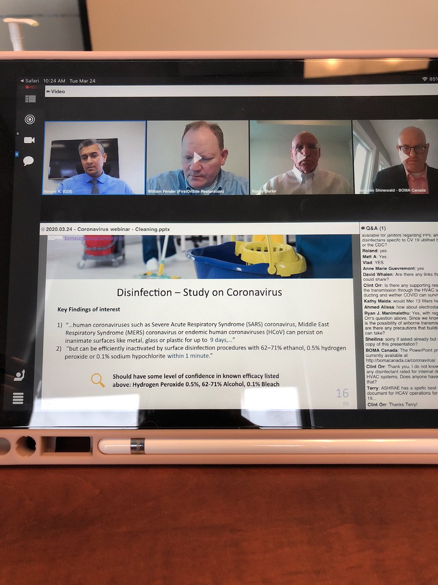 Listening to <a href="/GDIServices/">GDI Facility Services</a> Director of H&amp;S Rennie Kissoonsingh on <a href="/BOMA_CAN/">BOMA Canada</a> webinar #clean #coronavirus #disinfect