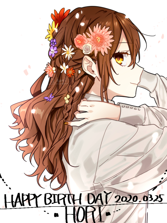 1girl hair flower brown hair flower solo happy birthday hair ornament  illustration images