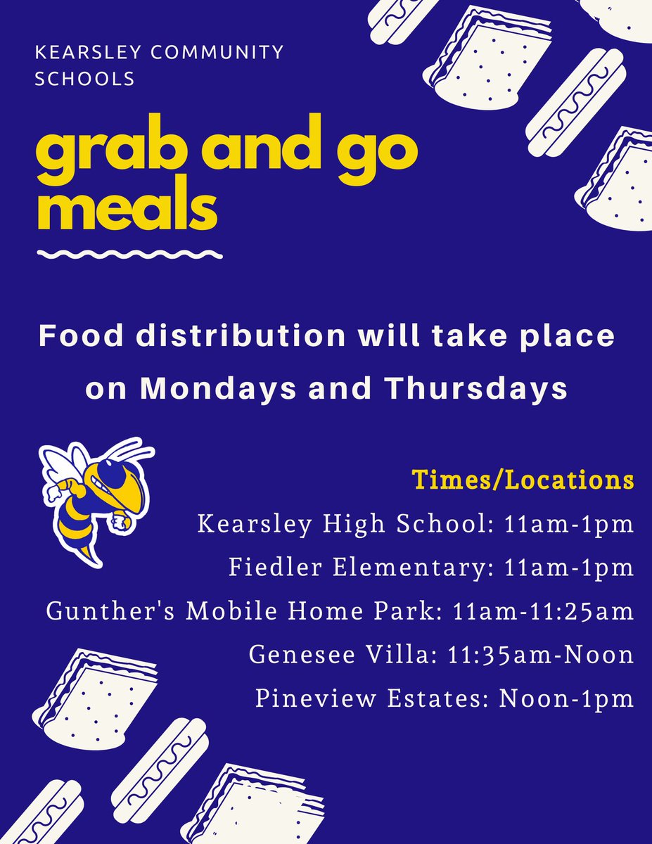 KearsleyCommSch's tweet photo. The executive order issued by @GovWhitmer does NOT prohibit us from continuing our “Grab and Go” food distribution service.  We will also continue to distribute meals over Spring Break.  Hope to see all of you on Thursday! https://t.co/HqNB1CtzpB