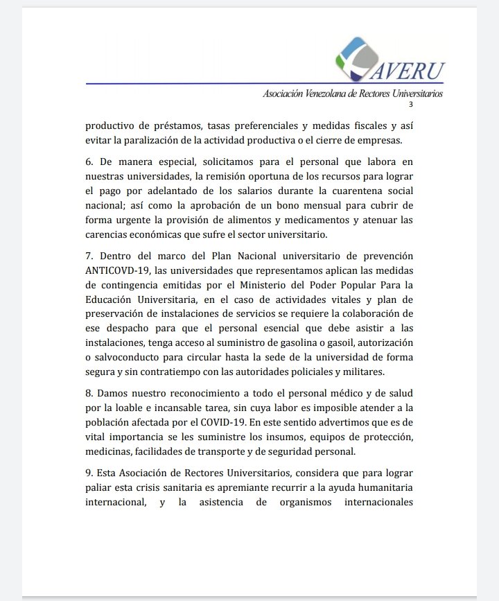 RectoraInforma's tweet photo. COMUNICADO -- 
"La Asociación Venezolana de Rectores Universitarios (AVERU) expresa su solidaridad ante la angustia que atraviesa la comunidad universitaria la población venezolana por el efecto COVID-19, situación agudizada por la emergencia humanitaria que sufre la nación" https://t.co/k8k1n6KfMf