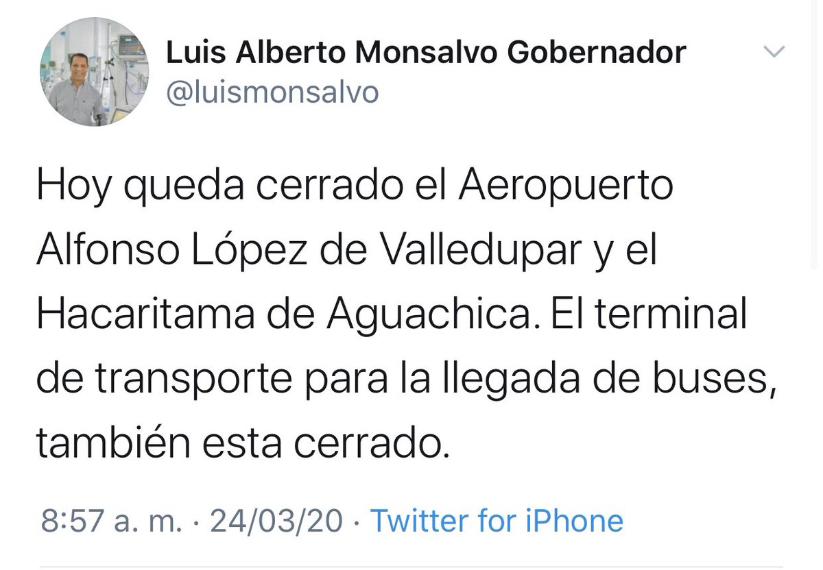 SeDijoVpr's tweet photo. ⭕️ | Gobernador del Cesar @luismonsalvo anuncia cierre de Terminal de transporte y aeropuertos de Valledupar y Aguachica. 

#SeDijo #QuedateEnCasa #CuarentenaPorLaVida https://t.co/DxoBh1Rl58