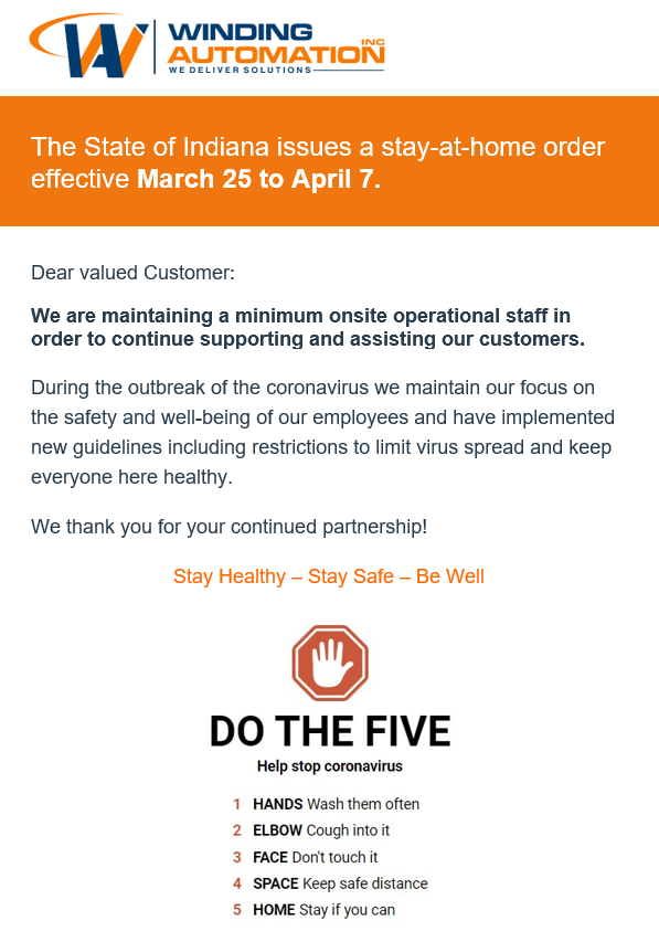 Windingauto's tweet photo. We will get through this difficult time "together".
Stay Healthy - Stay Safe - Be Well 
#stayhealthy #together #Windingautomation https://t.co/nTT8uv1xOA