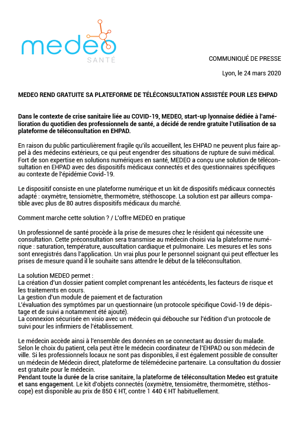 medeo_health's tweet photo. Medeo s'engage dans la lutte contre l'épidémie de Covid-19, en proposant une solution de téléconsultation gratuite pour les EHPAD. Plus d'infos sur https://t.co/cdV8cB0AFK #Covid19 #EHPAD #teleconsultation #telemedecine https://t.co/lc5Ab0RoyT