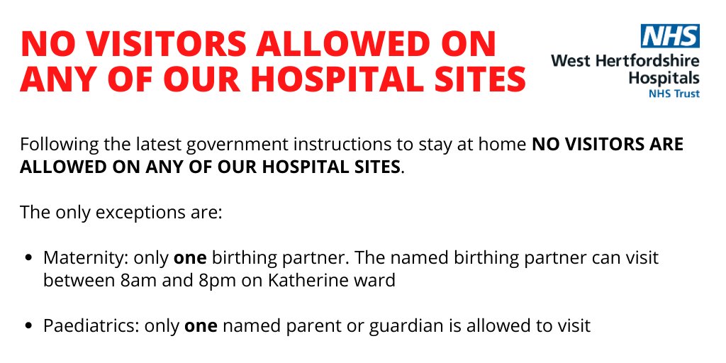 WestHertsNHS's tweet photo. As of 25 March ALL NON-URGENT APPOINTMENTS ARE CANCELLED and NO VISITORS ARE ALLOWED ON ANY OF OUR HOSPITAL SITES. See our website for more details https://t.co/ouh8xoBtQ5. Please #StayAtHome  to #ProtectTheNHS and save lives. Please RT #watford #hemel #stalbans https://t.co/M8l1jeuQpe