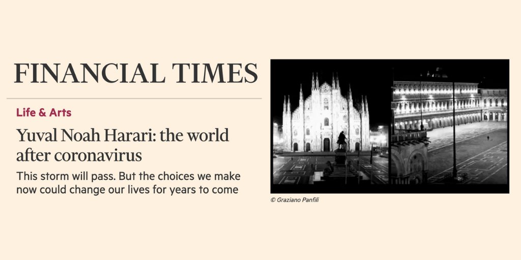 Yuval Noah Harari (@harari_yuval) on Twitter photo Yuval's recent article in the <a href="/FinancialTimes/">Financial Times</a> has been selected as key coronavirus coverage, and is now free to read in an effort to keep everyone informed and information easily accessible.
Read and share the article here: bit.ly/YNHFTCorona
-YNH Team
#FTfreetoread Yuval's recent article in the <a href="/FinancialTimes/">Financial Times</a> has been selected as key coronavirus coverage, and is now free to read in an effort to keep everyone informed and information easily accessible.
Read and share the article here: bit.ly/YNHFTCorona
-YNH Team
#FTfreetoread