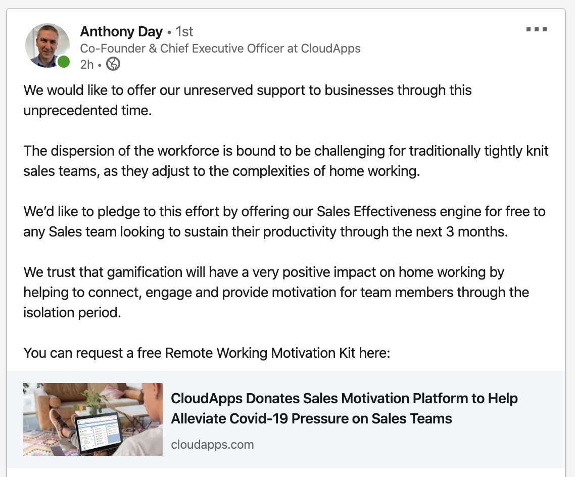 The dispersion of the workforce will be particularly challenging for sales teams.
 
We're pledging our support to businesses striving to maintain engagement &amp; productivity whilst WFH by offering our Sales Motivation platform for free.

Request access here hubs.ly/H0nQxvH0