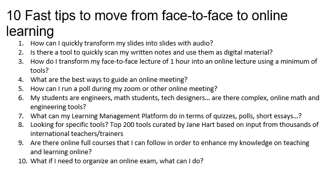 Ignatia's tweet image. Just wrote 10 Fast #tips to move from face-to-face to #onlinelearning based on frequently asked questions from #teachers and #trainers #flippedclassroom #audiorecording #mathtools #polls and a free #ebook from @DonaldHTaylor  
docs.google.com/document/d/1Ui…