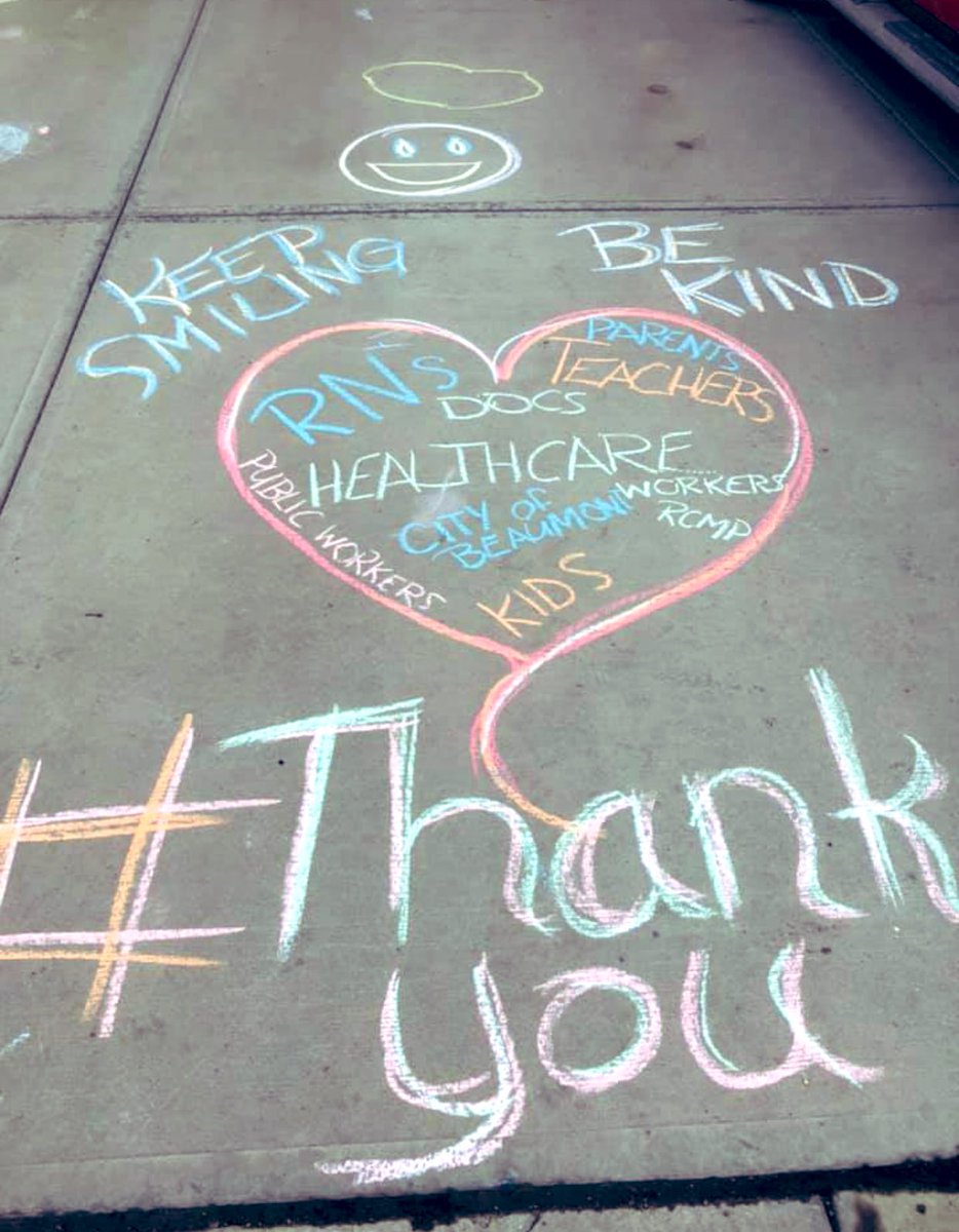 Chalk written thank you messages can be found covering the sidewalks of <a href="/T4XBeaumont/">City of Beaumont, Alberta</a>. With #COVID19 leaving the world in a state of uncertainty, the city is encouraging it’s citizens to spread positivity and kindness by decorating the streets. #EssentialWorkers #coronavirus