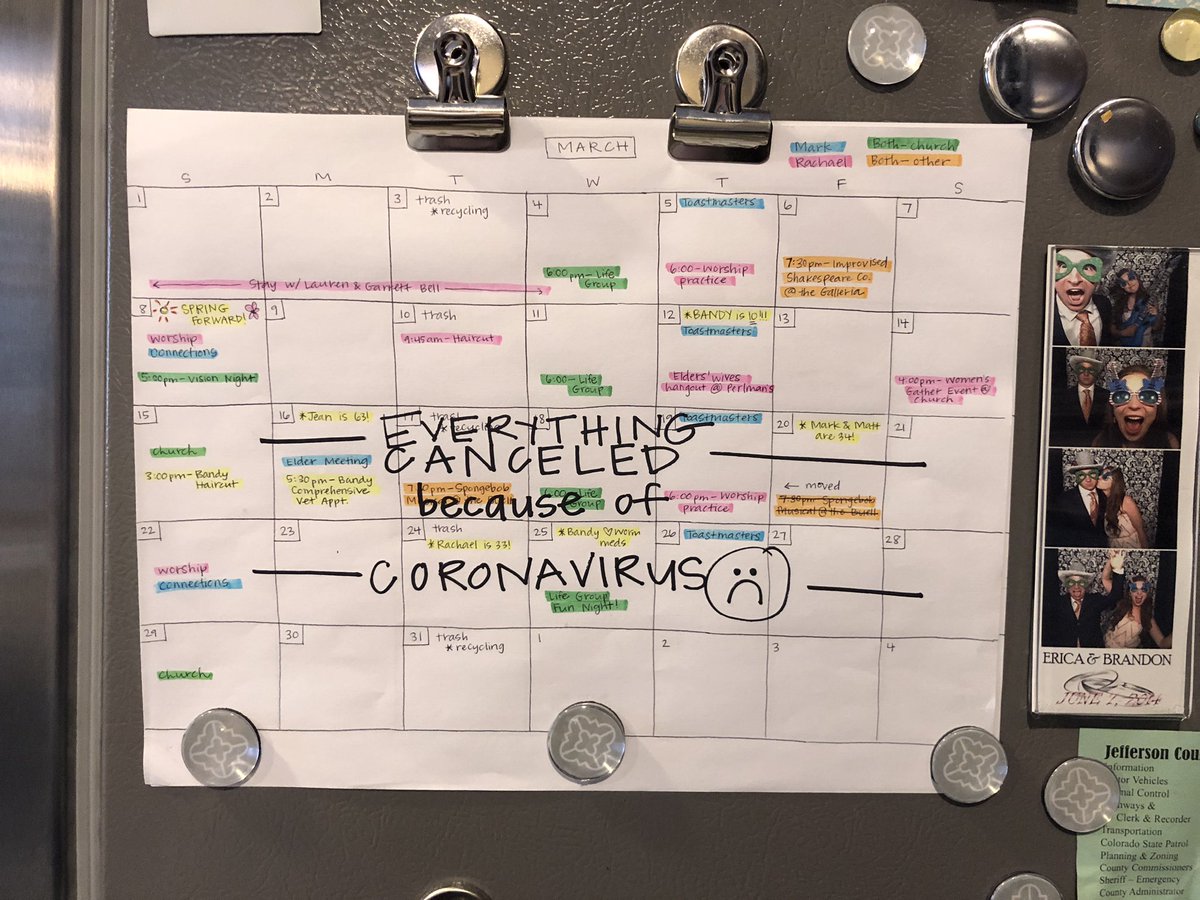 rachaelmogle's tweet photo. @anniefdowns @EdwardorEddie I am 100% paper and my husband is 100% tech and it is a great source of contention in our marriage. It has to do with learning style - I’m tactile, he’s audio/visual. This fridge calendar is our solution that barely works. (Remember normal things on our calendars? Good times.) https://t.co/wbf0m86rBX