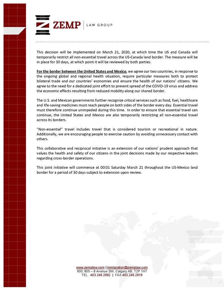 Immediate Changes to Border Entries for Canada and the United States related to Covid-19.