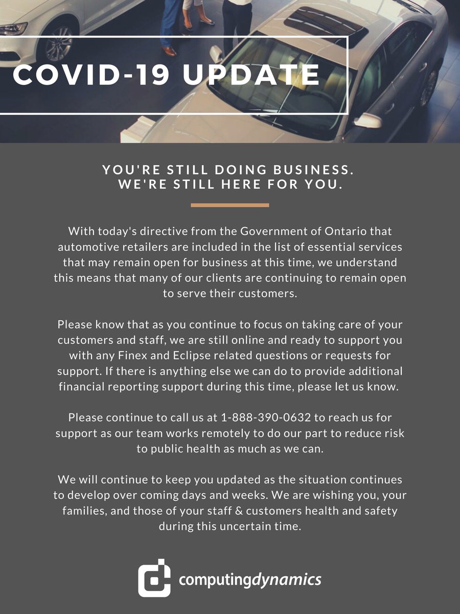 CDIsoftware's tweet image. Today, the Government of Ontario included automotive retailers in its list of essential services who may remain open to serve the public at this time. As our Ontario dealership clients continue to serve customers and take care of their staff, we will continue to support you.