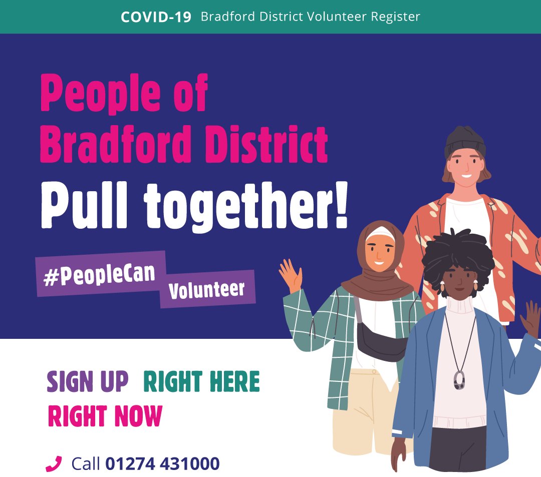 Together People Can #MakeADifference
If you would like to #volunteer in your community visit
bradford.gov.uk/coronavirus or call 01274 431000

#StrongerTogether
#Covid19
#WashYourHands 
#TeamBradford