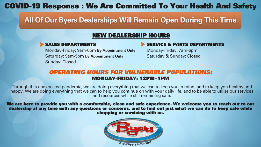 ByersSubaru's tweet photo. UPDATE: 3/24/2020

We Are Committed To Your Health &amp; Safety

All Byers Auto Dealerships will remain open during this time.

Please review the attached photo for our new dealership procedure. 

#ByersAuto https://t.co/DWOGcJZAmT