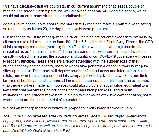 BREAKING: We are profoundly disappointed that <a href="/ZillahBMFuture/">Zillah Byng-Maddick</a> and our other <a href="/futureplc/">Future</a> executives are trying to lay off critical employees rather than accept additional cuts to their generous compensation packages. We call on them to withdraw this layoff. #saveourFuture