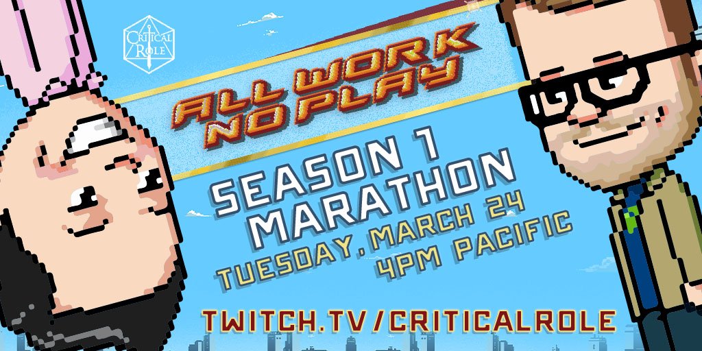 CriticalRole's tweet photo. From sword fighting to goat yoga, relive the exciting escapades of @samriegel and @VoiceOfOBrien on today’s special rebroadcast marathon of All Work No Play, Season 1!

Marathon begins at 4pm Pacific on https://t.co/oKsRCIgTCi https://t.co/5hzQ24bNPO