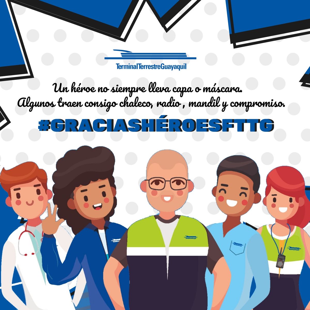 TerminalesGye's tweet photo. Nuestros #HÉROESFTTG, no pueden quedarse en casa. ¡Pero tú si! Por eso, las Terminales Terrestres de Guayaquil, les agradece.
#QuedateEnCasa
#Covid_19ec https://t.co/DLp6yX0HIX