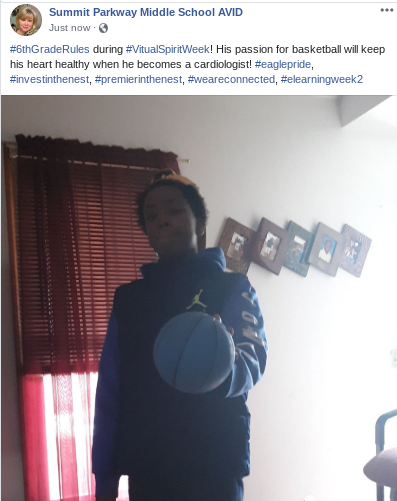 SummitMS_AVID's tweet photo. #6thGradeRules @spmeagles during #VitualSpiritWeek! His passion for basketball will keep his heart healthy when he becomes a cardiologist! #eaglepride, #investinthenest, #premierinthenest, #weareconnected, #elearningweek2 https://t.co/fyke1DMweM