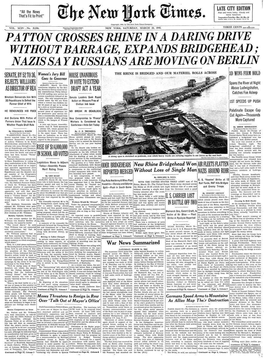 March 24, 1945: Patton Crosses Rhine in a Daring Drive Without Barrage, Expands Bridgehead; Nazis Say Russians Are Moving On Berlin  https://nyti.ms/2wnkcpX 