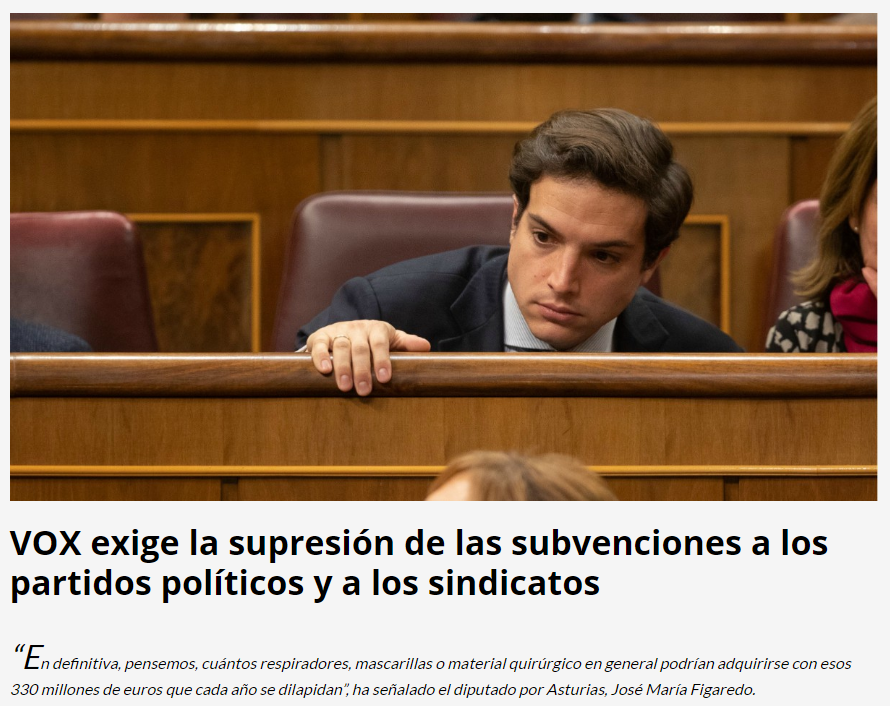 FigaredoJoseM's tweet photo. Cada año se tiran -como mínimo- ‼️330MM€‼️ en subvenciones a partidos políticos y sindicatos. ❓Cuántas mascarillas o respiradores son❓

Cortemos el gasto político innecesario y -con más urgencia que nunca- dirijámoslo a lo realmente importante. 

https://t.co/xAEFtXSoBJ https://t.co/vV1RTm8tQ7