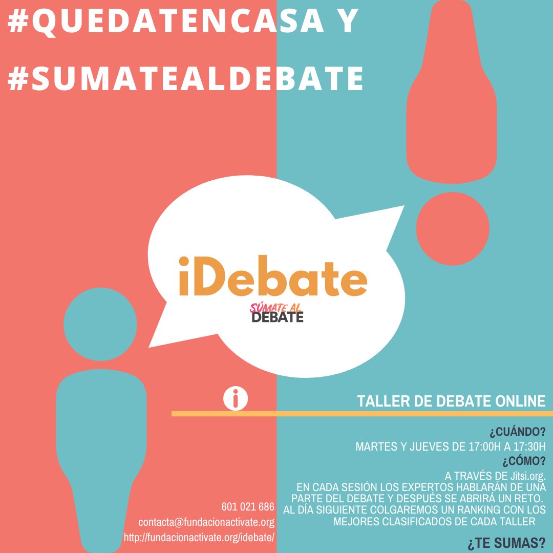 idebatescolar's tweet photo. ¡Buenos días! El proyecto que llevábamos entre manos ya está listo.
iDebate es una"actividad extraescolar" de debate virtual para seguir dándole al coco desde casa.Cerebro
Aquí tenéis toda la información: https://t.co/R9WJSBY4x5
#QuedateEnCasa #sumatealdebate https://t.co/M0Ek53AaZx