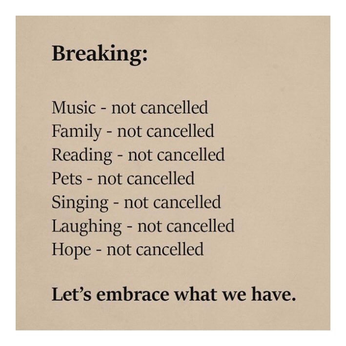 A simple reminder as we go into every single week. Love more, fear less.  Let’s embrace what we have. #StayHome #COVID19

🎶👨‍👩‍👧‍👦📖🐕🎤🤣❤️