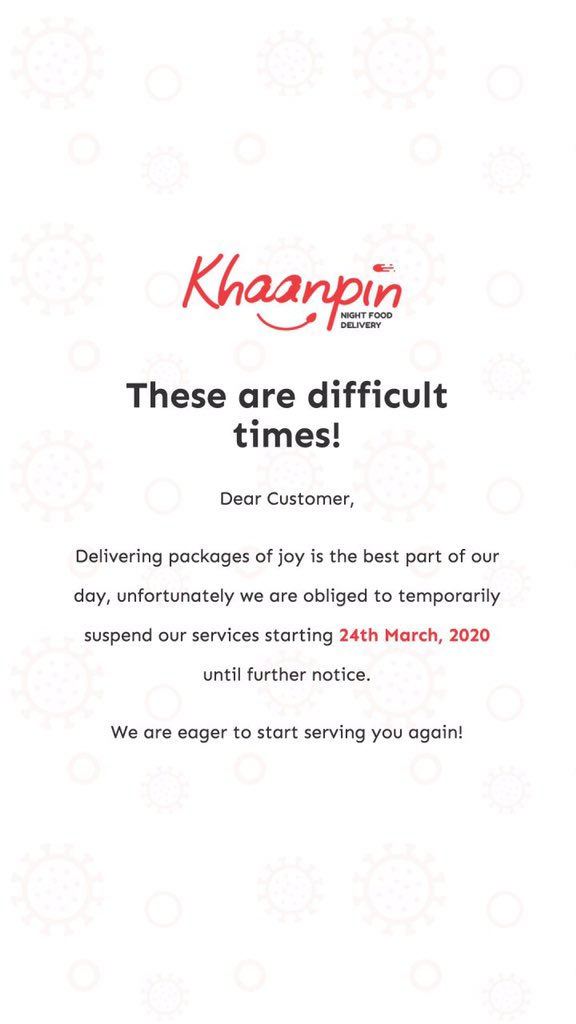 khaanpin's tweet photo. Due to recent unfolding events surrounding COVID-19 situations, we regret to inform you that we are obliged to temporarily suspend our services from March 24,2020 until further notice. 
#StaySafe #StayHomeStaySafe https://t.co/hEvFLp3LTB