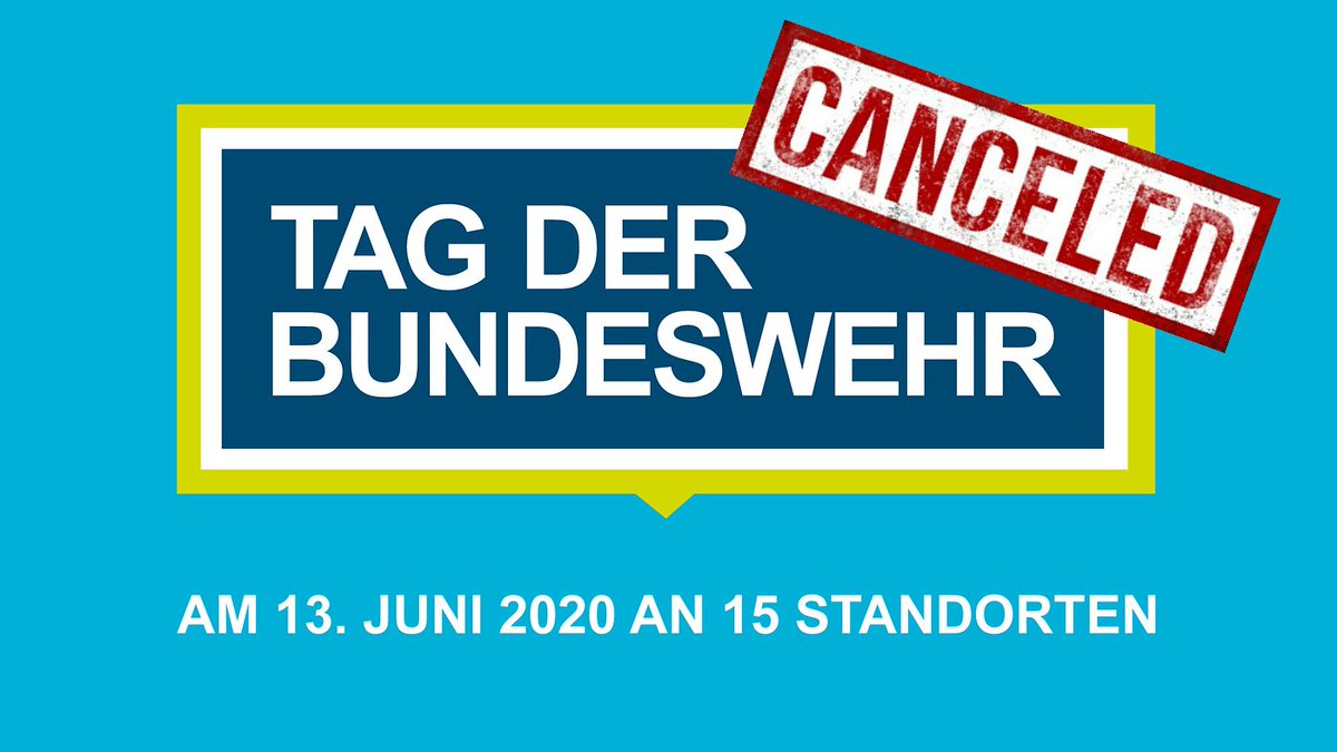 bundeswehrInfo's tweet photo. Leider müssen wir den Tag der Bundeswehr 2020 absagen! Wir bedauert es, uns in diesem Jahr nicht mit zahlreichen Exponaten und Vorführungen präsentieren zu können. Doch die Eindämmung des #Corona-Virus hat Vorrang. #TdBw20 Mehr Infos hier:https://t.co/eaEocK3C5q
#TdBW20 https://t.co/lX3izQ8prN