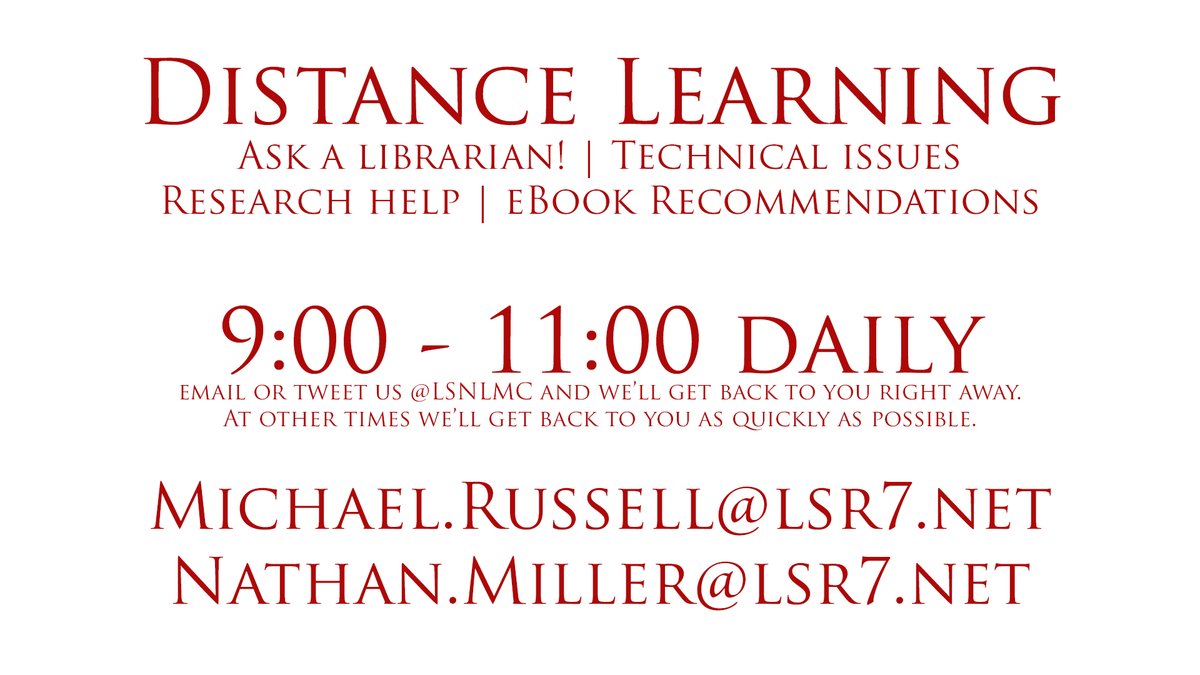 LSNLMC's tweet photo. Broncos! Good morning and welcome to the first day of Distance Learning. We can do this together. 
Please let the librarians know how we can help you, whether it is for class or you just need something to read or watch, we are here for you. #r7libraries #schoollibraries https://t.co/oYdjkfJwAM