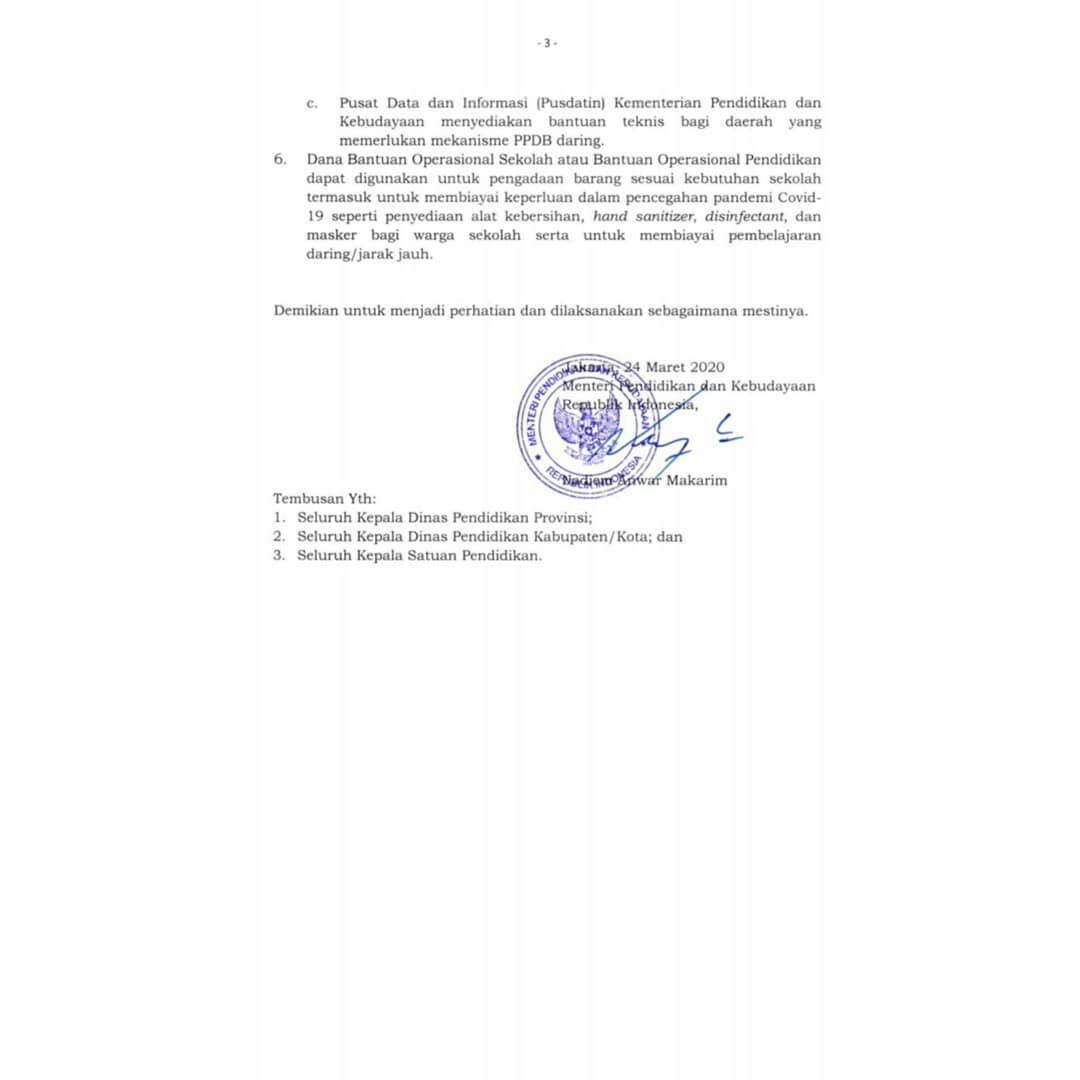 ppid_sukoharjo's tweet photo. Surat Edaran (SE) Mendikbud tentang Pelaksanaan Kebijakan dalam Masa Darurat Penyebaran Covid-19.
@ganjarpranowo
@provjateng
@kominfo_jtg
@ppid_jateng
#ppidskh
#UN2020 #UNBK2020 #DiRumahSaja #DiRumahAja #MerdekaBelajar https://t.co/8aSL4CexgJ