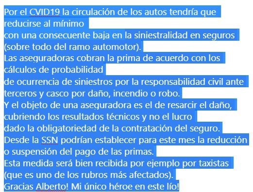 rizzo_martin's tweet photo. @alferdez Te felicito por la entereza y responsabilidad de tu gestión!
Un aporte para aliviar el bolsillo de muchos argentinos, sobre todo taxistas:
Si van a circular menos autos por el COVID19, reduciendo la siniestralidad, la SSN podría exigir a Aseguradoras reducir la prima. https://t.co/KXnC2P4qMS