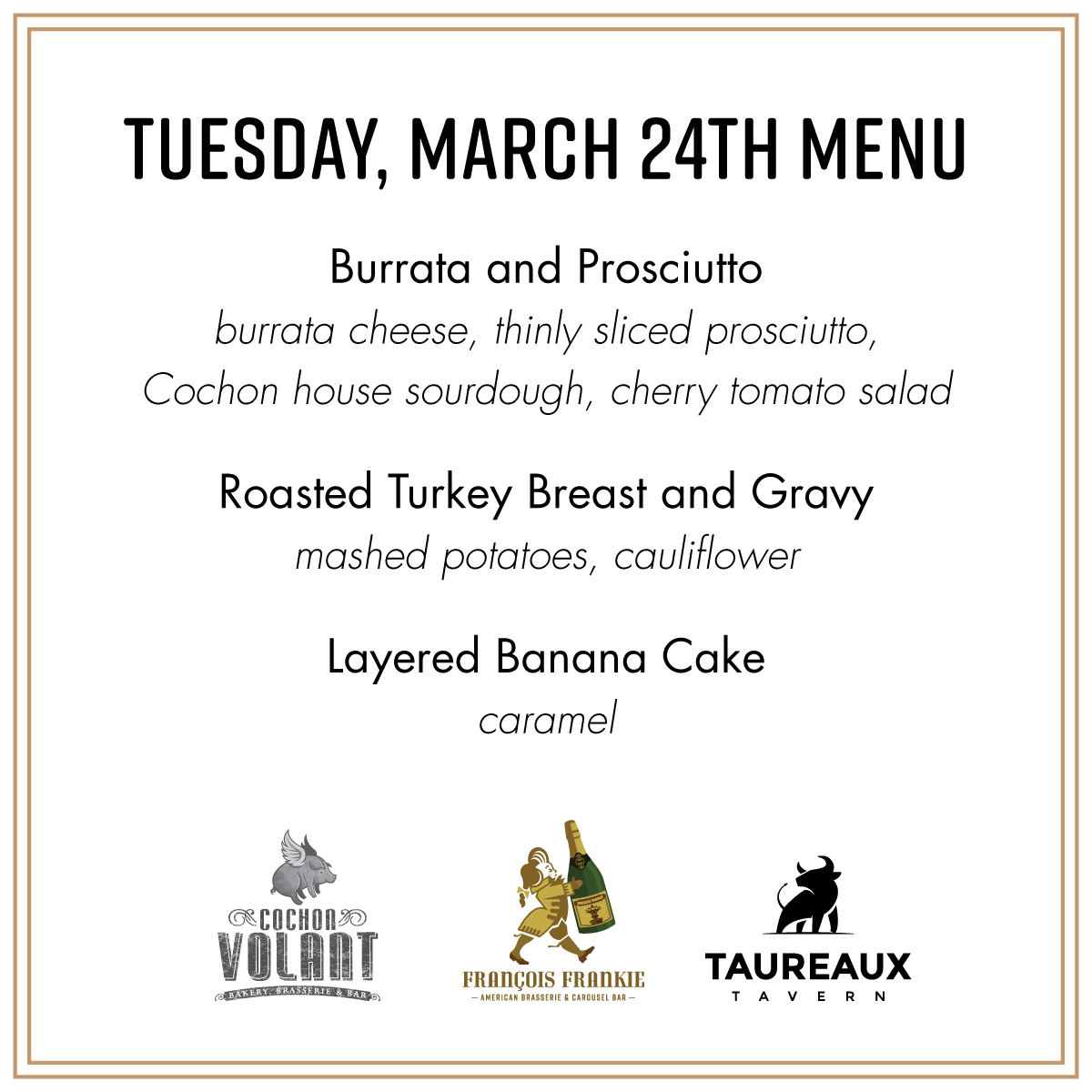 cochonvolant_'s tweet photo. Plan ahead for the week and order our $44 #Family Meals! Each meal feeds four and includes the best of Cochon Volant Brasserie, Francois Frankie, and Taureaux Tavern! Email mcisar@eatwelldone.com to place your order by 3PM day of pick-up. https://t.co/dTWTuP5bNH