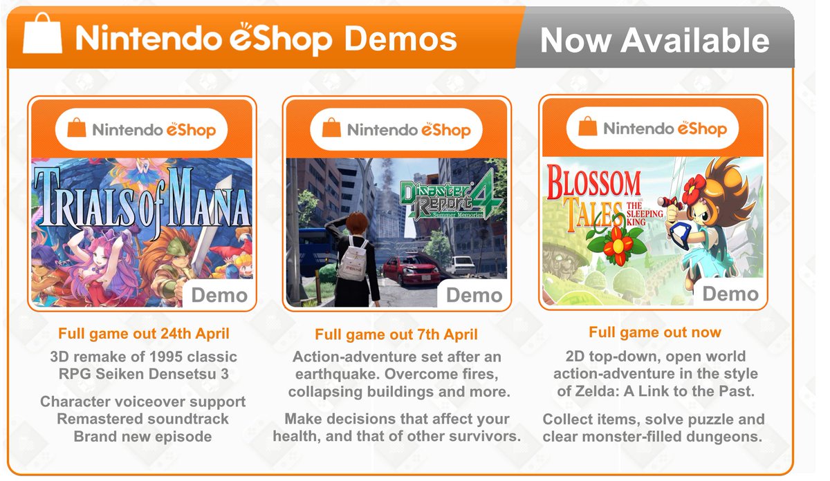 Nintendo_SW's tweet image. 🛍️  New Free Demos available on the UK #NintendoSwitch eShop. Perfect for when you're spending more time at home and are looking for new experiences.

#TrialsOfMana #DisasterReport4 #BlossomTales