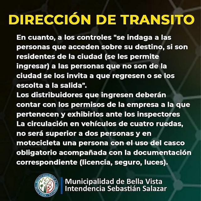 municbellavista's tweet photo. DIRECCIÓN DE TRÁNSITO: A las personas de zonas aledañas, que por situaciones excepcionales requieren ingresar a nuestra ciudad, lo harán con el debido control. Para ello se articularon medidas con los Delegados Comunales de Las Talas, Rio Colorado y García Fernández para det… https://t.co/KGLz0qtQa9