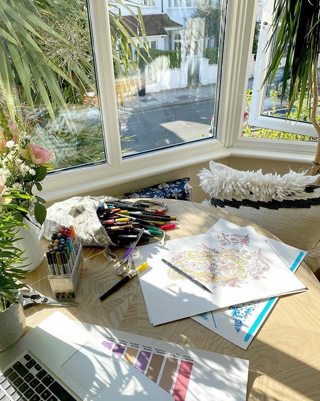 Working from home vibes ⚡️Our print team busy getting creative with hand drawn motifs 😍 Feeling so grateful for the sun pouring in through the window today; keeping the spirits up &amp; inspiring new prints, ready for a new season when we get to the othe… ift.tt/2UyEHrB