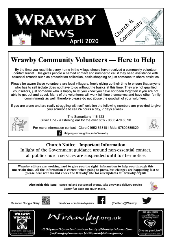 The April #Wrawby News is available but not distributed in the usual way. Pick up a copy in the CHURCH PORCH, at VICARAGE MOTORS or WALKERS. The Neighbour Support Group will also take them to those being helped. DOWNLOAD ONLINE at wrawby.org.uk/downloads.html