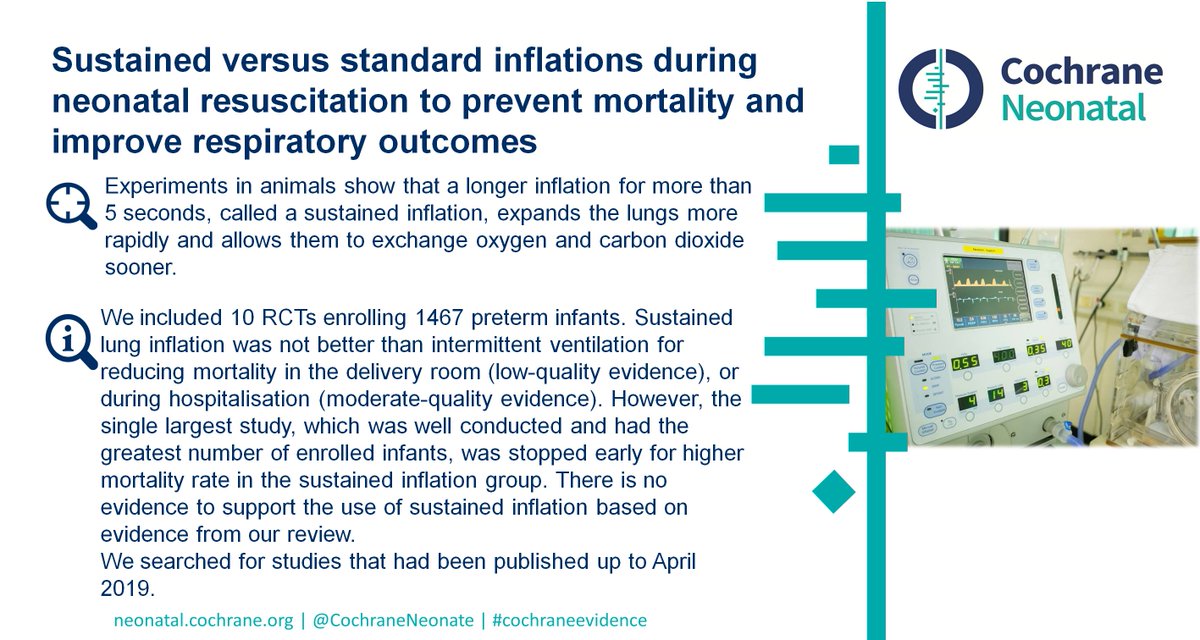 Updated Cochrane Neonatal review: Sustained versus standard inflations during neonatal resuscitation to prevent mortality and improve respiratory outcomes tinyurl.com/vzpvgdo <a href="/CochraneSweden/">Cochrane Sweden</a> <a href="/MBruschettini/">Matteo Bruschettini</a> <a href="/OspedaleGaslini/">Istituto Giannina Gaslini</a> <a href="/lunduniversity/">Lund University</a>  <a href="/medfak_LU/">Medicinska fakulteten, Lunds universitet</a> <a href="/cochranecollab/">Cochrane</a>