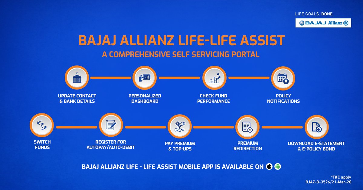 bajajlife_in's tweet photo. Now manage and keep track of all your policies remotely with Bajaj Allianz Life- Life Assist, a comprehensive self-servicing portal. To know more: https://t.co/6cSE9SJ6db.

#KeepCalmStayInvested and stay on course to getting your #LifeGoalsDone.

#DooriHaiZaroori https://t.co/qlw0INQbfJ