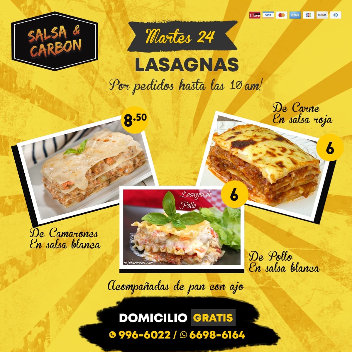 salsaycarbon's tweet photo. Hoy es martes para disfrutar de ricas Lasagnas. Con domicilio Gratis en #Chitre.
Pide la tuya al 996-6022 y por WhatsApp 6698-6164. https://t.co/FB5ImLWB59